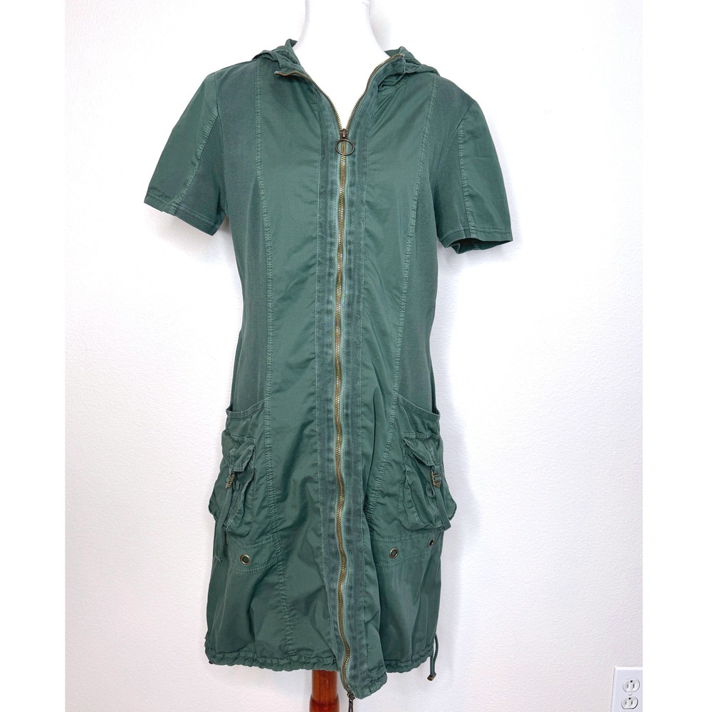 XCVI Wallis Jacket Dress Zip Front Mini LARGE Short Sleeve Mixed Media Dk Green
